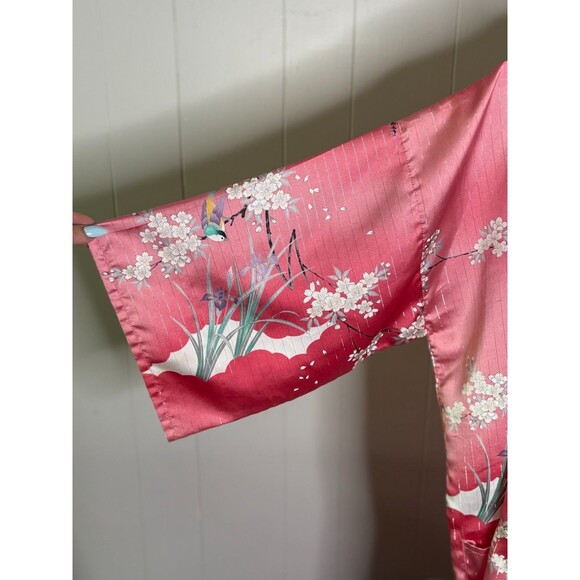 Vintage Japanese Kimono Robe Lingerie Satin Pink Bird Floral Asian Silver‎ - Picture 3 of 8